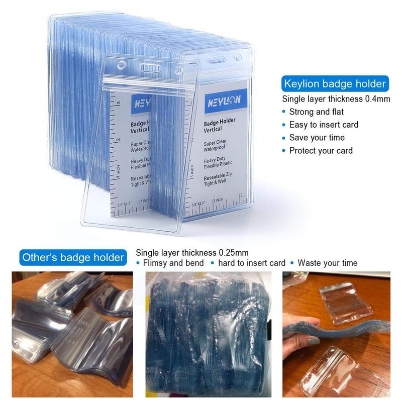 KEYLION 100 Pack ID Card Name Badge Holder, Heavy Duty Clear Transparent Plastic PVC Vertical Sleeve Pouch with Waterproof Type Resealable Zip - Image 2